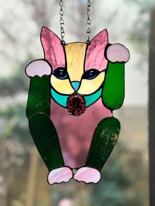 Stained Glass Maneki Neko Suncatcher – One-of-a-Kind with Rare Pink Glass 01