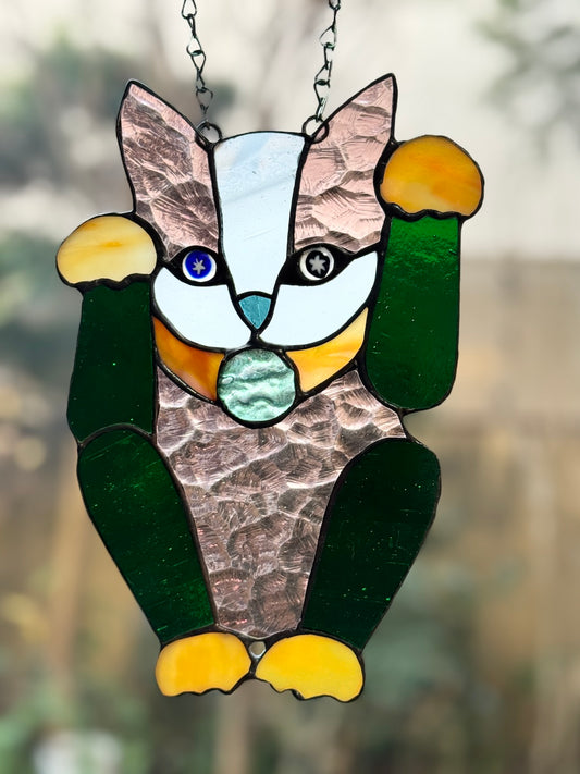 Stained Glass Maneki Neko Suncatcher – Lucky Cat Window Hanging (Medium)